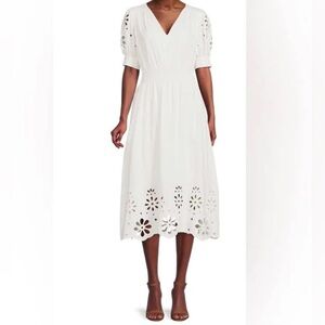 Elie Tahari ​Eyelet Midi Fit + Flare Dress, White, Large, BRAND NEW - Never worn